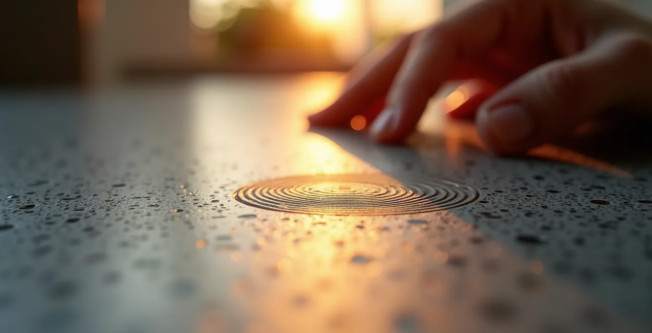 Detalle de superficie de cocina con acabado antihuellas bajo luz rasante
