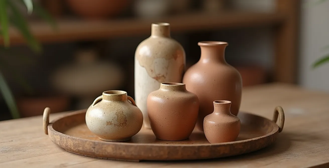 Objetos decorativos agrupados en bandejas creando orden visual en estantería