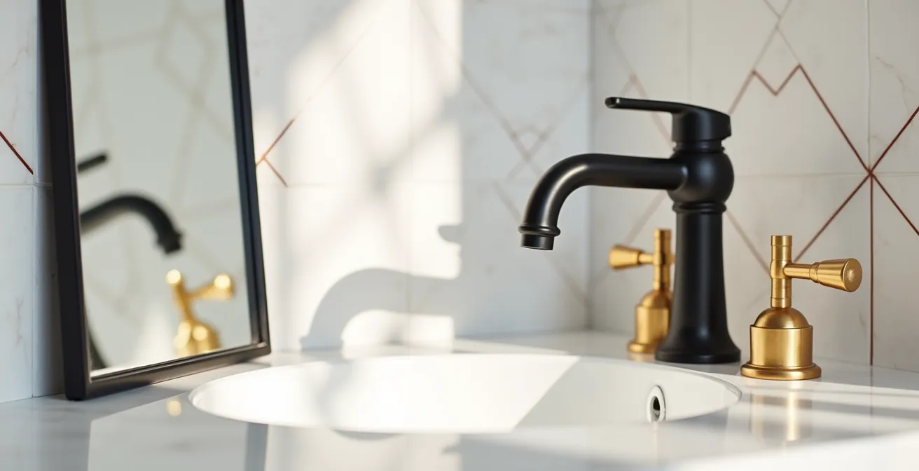Baño elegante con grifería negra y acentos dorados en los accesorios