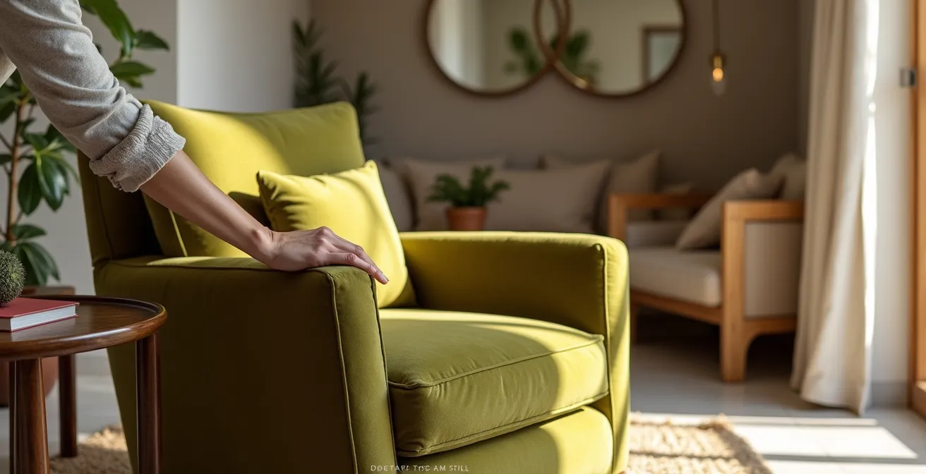 Butaca de terciopelo verde oliva como pieza singular en salón mediterráneo luminoso