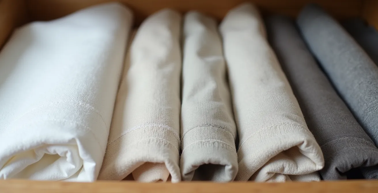 Vista cenital de cajón con sábanas dobladas verticalmente estilo boutique hotel