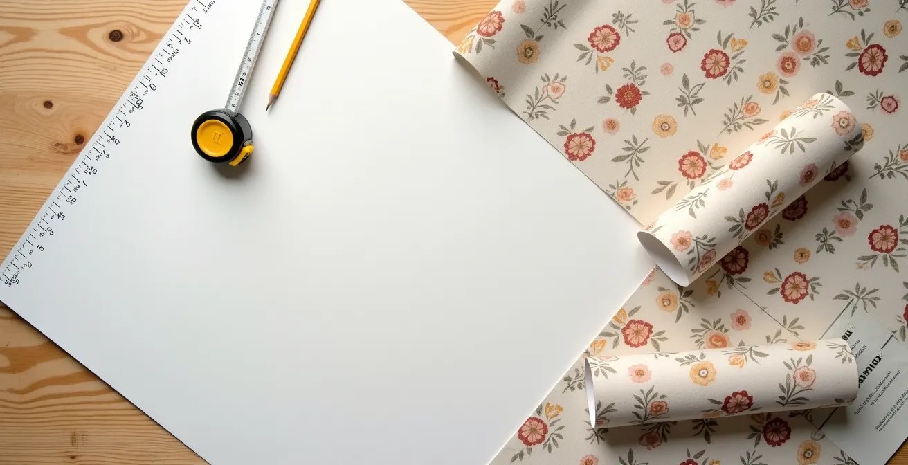 Vista cenital de mesa de trabajo con rollos de papel pintado desplegados mostrando el patrón de repetición