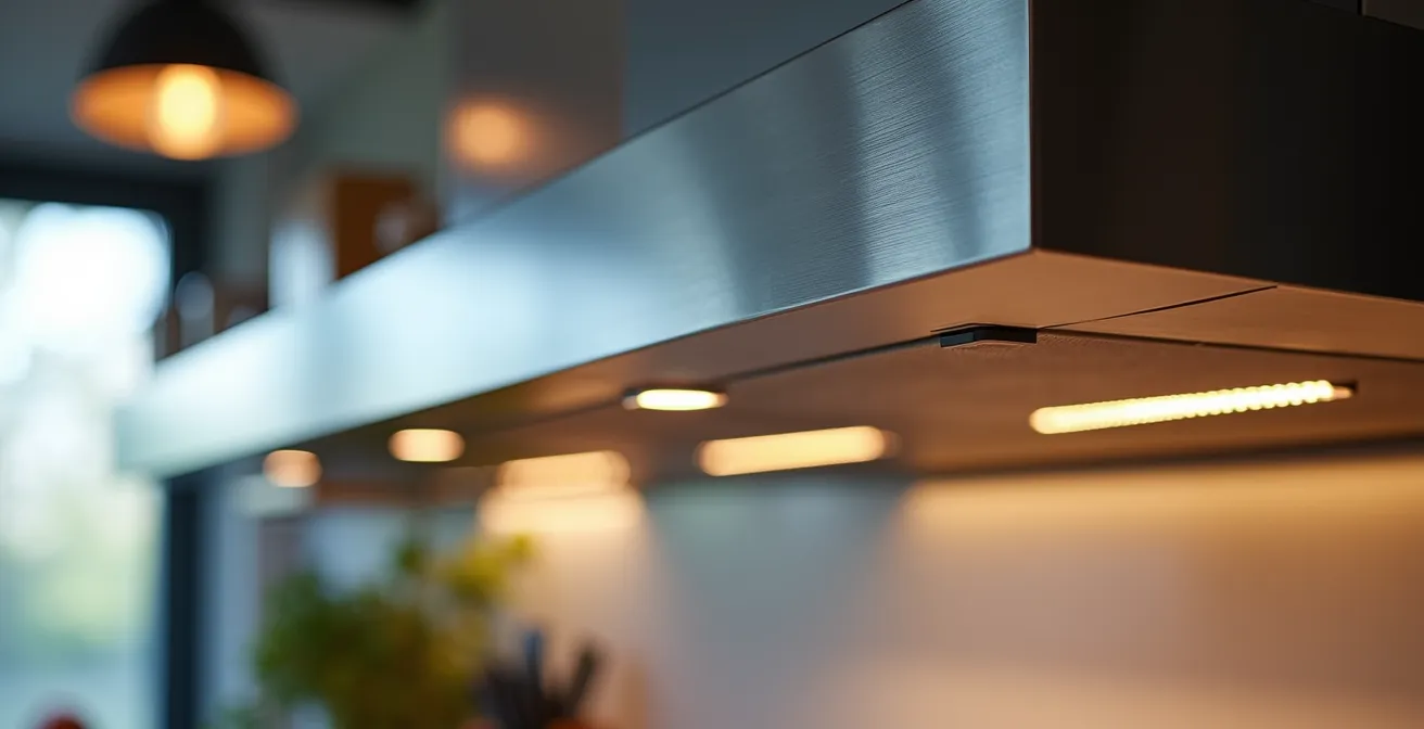 Campana extractora moderna integrada en isla de cocina con diseño minimalista