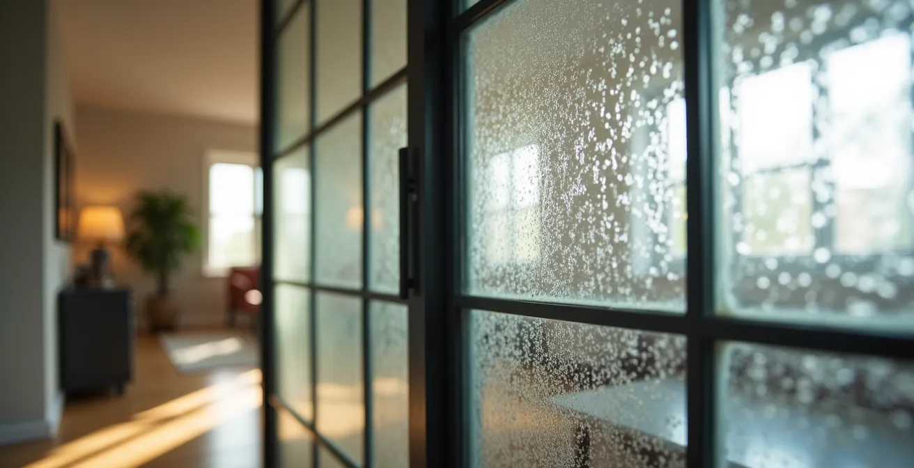 Pasillo iluminado con cerramiento de cristal estilo industrial con perfilería negra