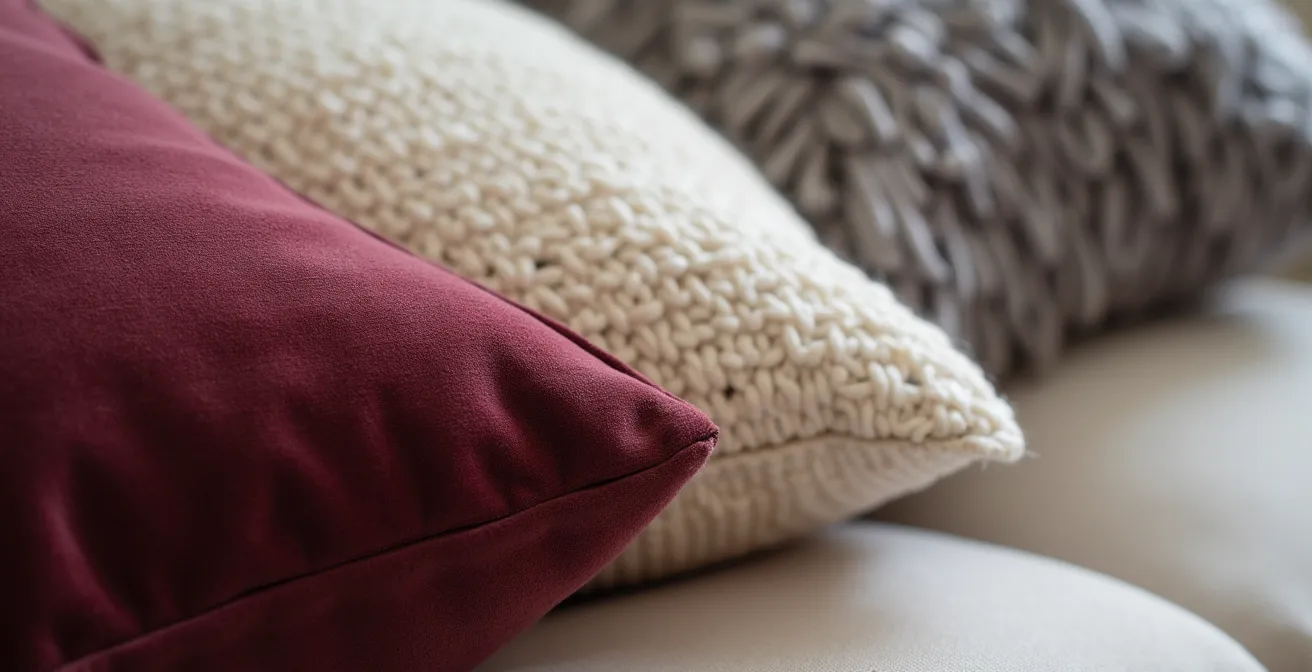 Detalle macro de cojines con texturas de terciopelo, lana y pelo sintético sobre sofá beige, creando contraste táctil invernal