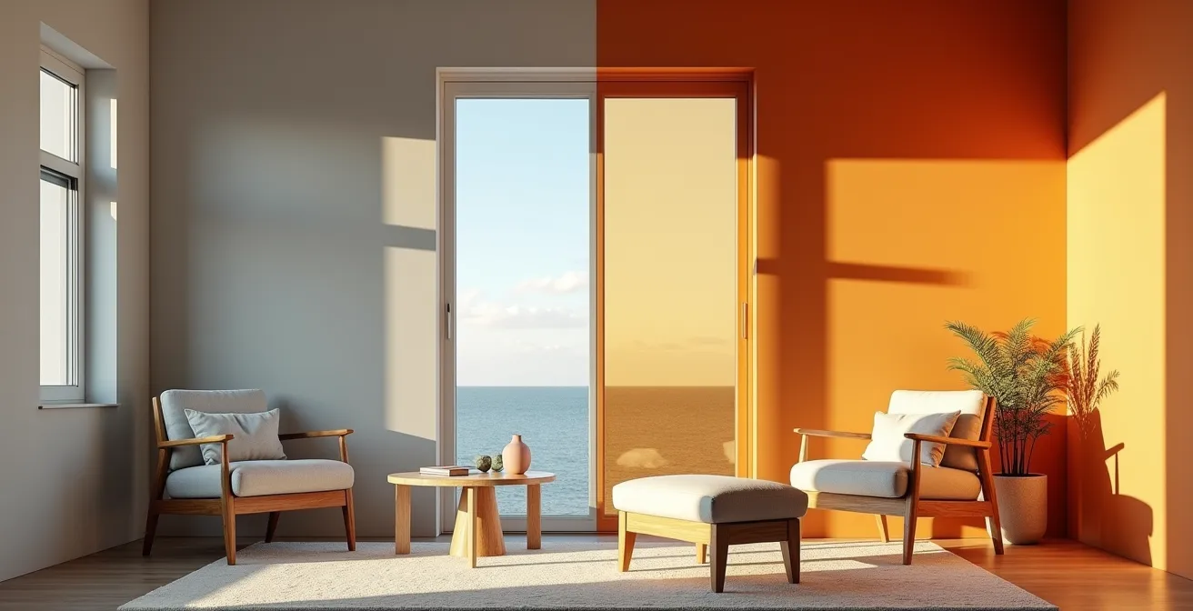 Comparación visual entre luz nórdica difusa y luz mediterránea directa en interiores