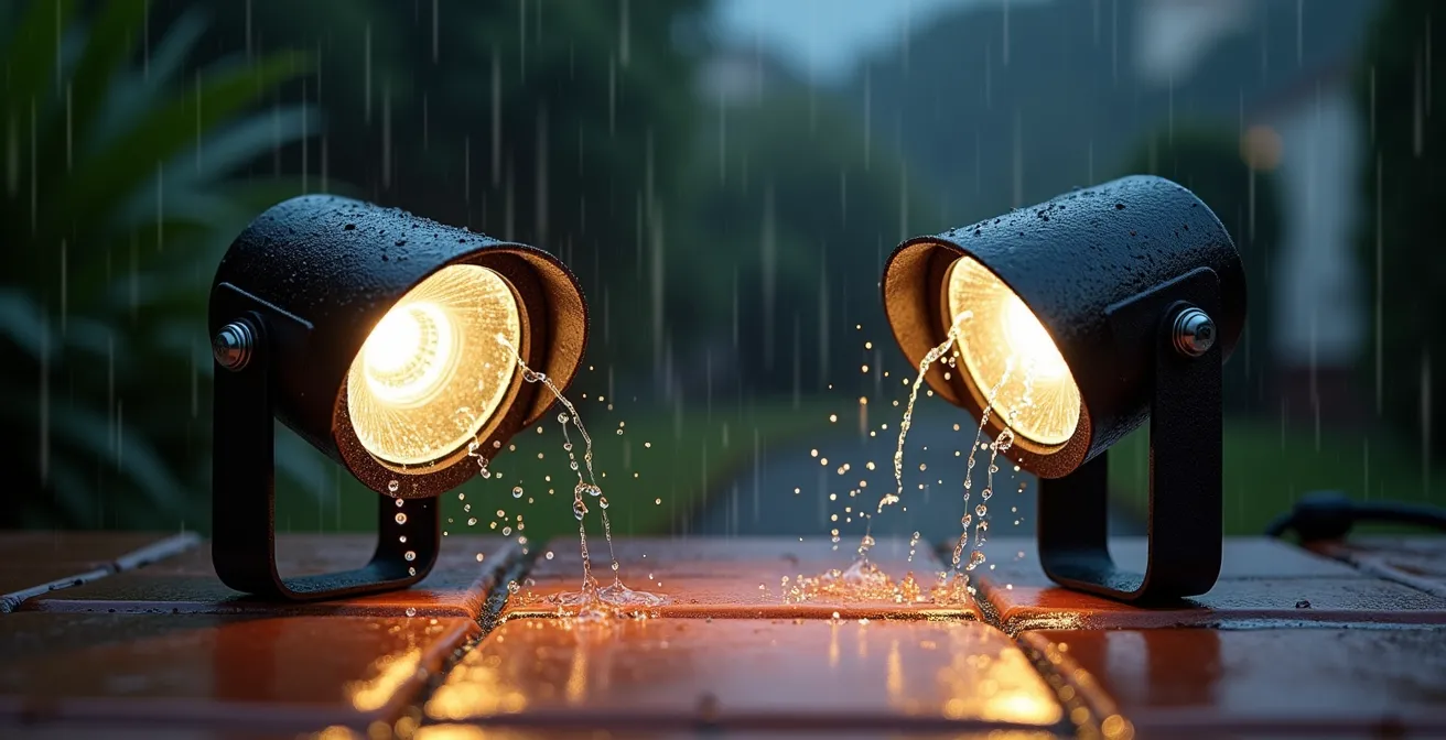 Comparación visual de focos IP44 e IP65 bajo lluvia torrencial mediterránea