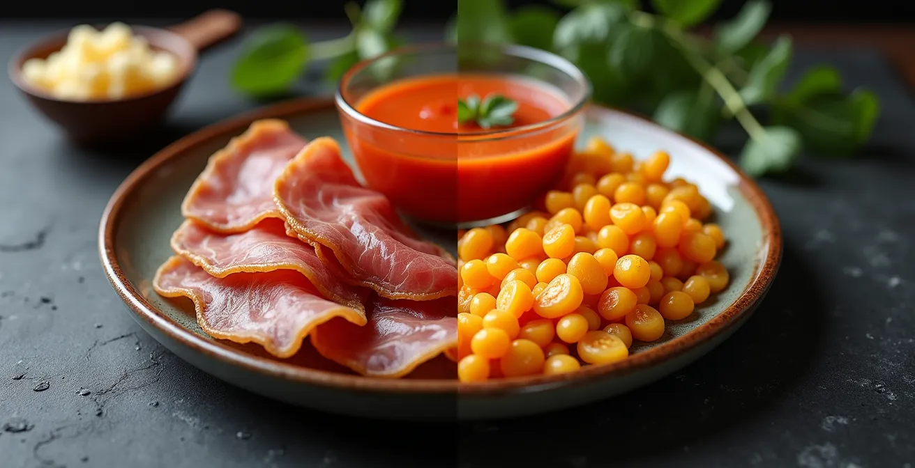 Comparación visual del mismo plato de jamón ibérico y gazpacho bajo diferentes índices de reproducción cromática