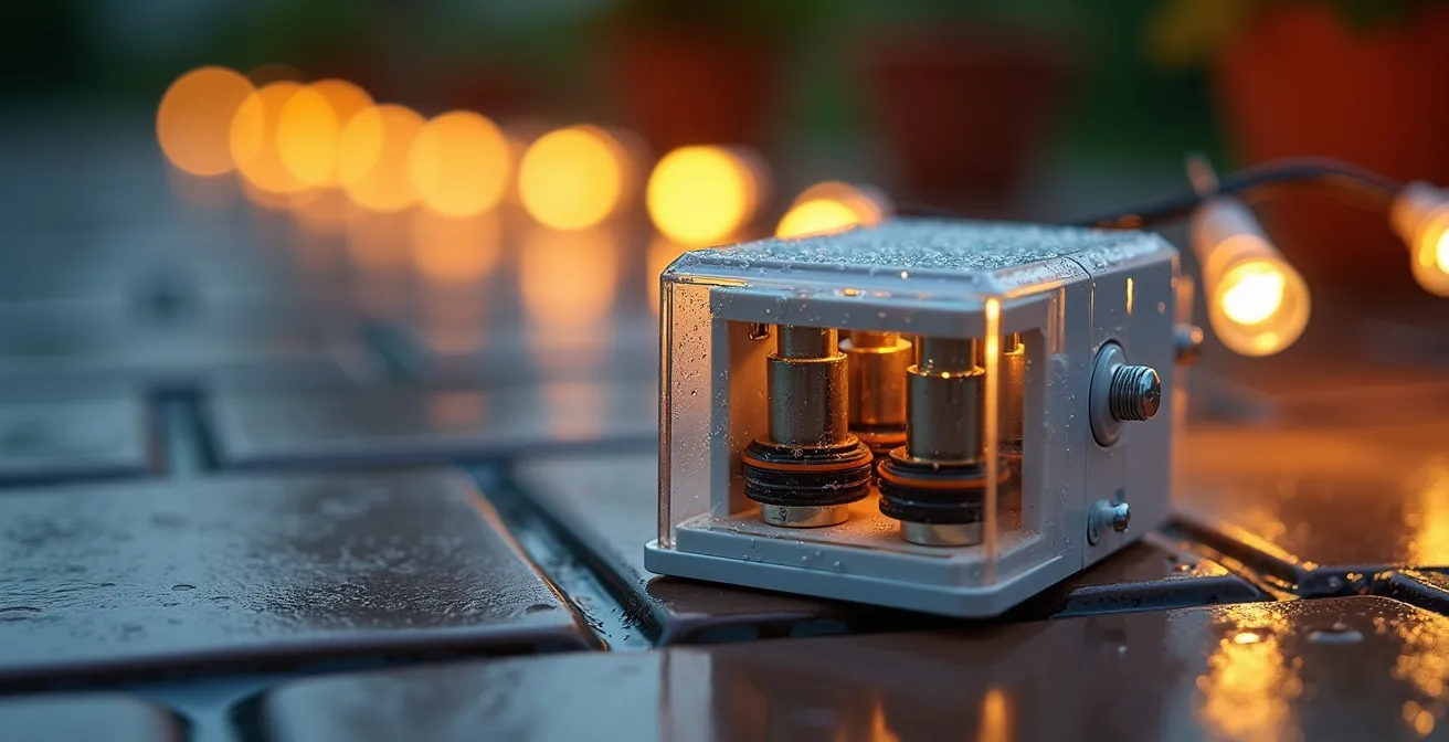 Detalle macro de conexión estanca para guirnaldas exteriores con certificación IP