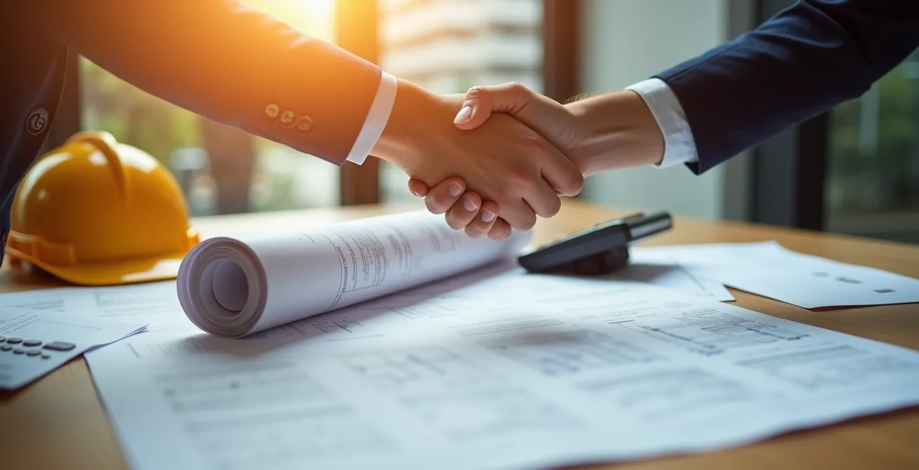 Mesa de trabajo con documentos de contrato y planos de reforma sin texto visible