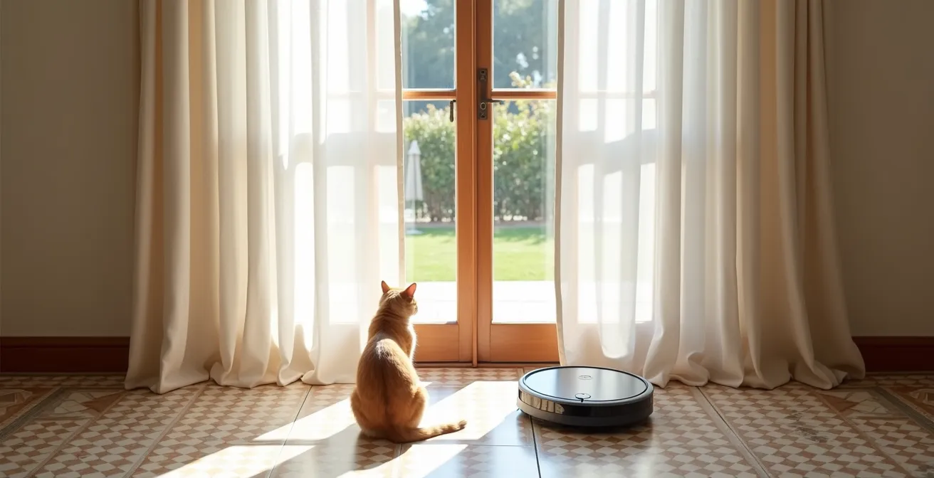 Cortina de lino con caída perfecta a ras de suelo con gato y robot aspirador
