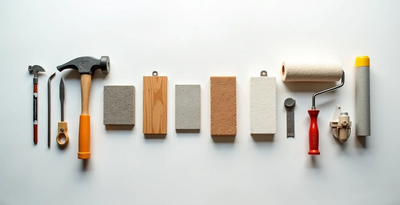 Disposición ordenada de herramientas y materiales de construcción representando las fases de una reforma