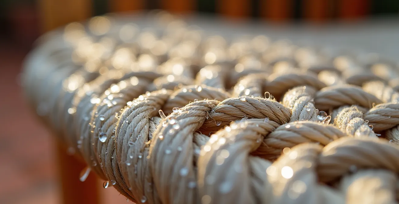 Detalle macro de cuerda trenzada sintética con gotas de agua mostrando su capacidad hidrófuga