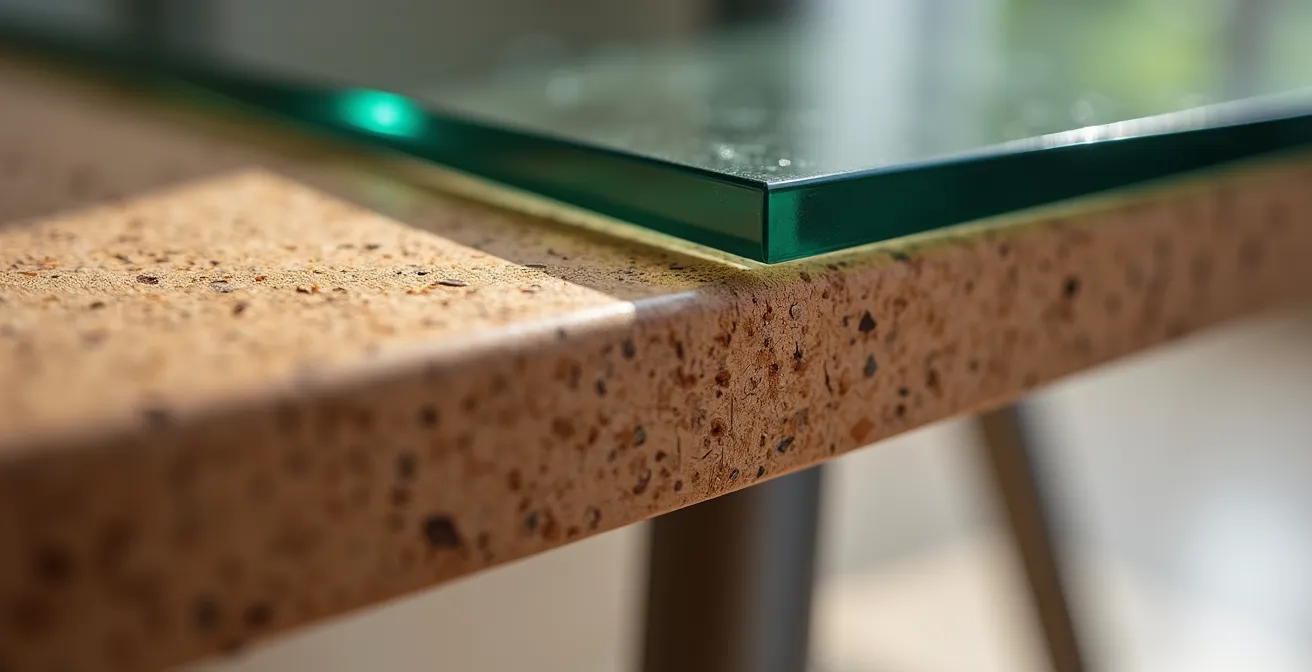 Detalle macro de esquinas biseladas en madera y cristal templado con texturas suaves de corcho