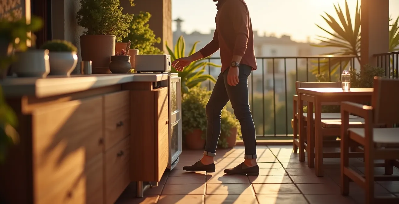 Vista cenital de terraza mostrando distribución triangular entre nevera, comedor y zona relax