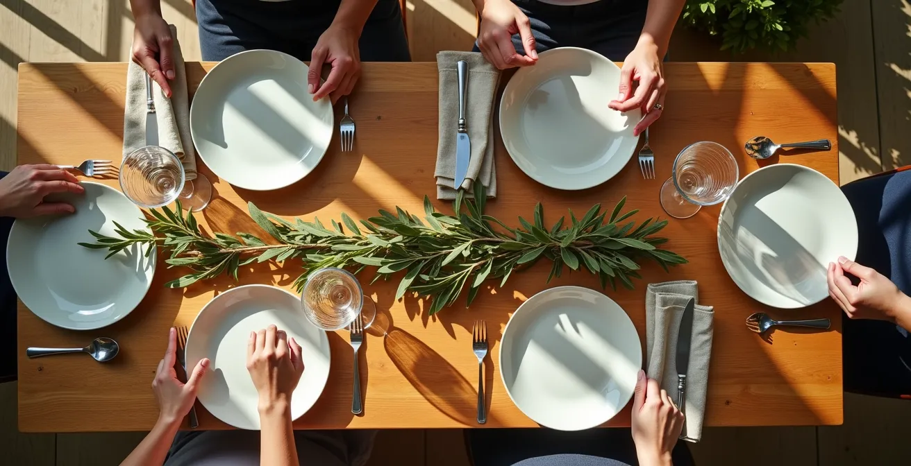 Vista cenital de mesa con marcas visuales mostrando espacios correctos entre comensales