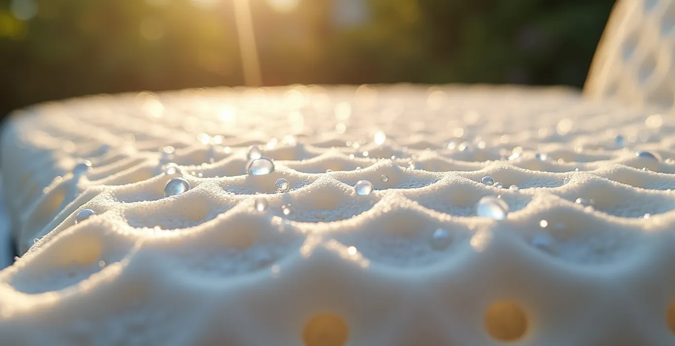Detalle macro de espuma de secado rápido en cojín de exterior