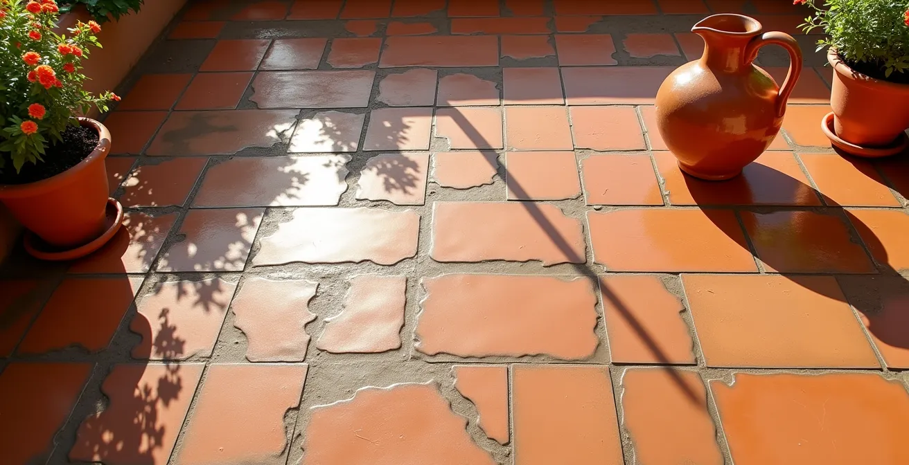 Suelo de terraza con baldosas de barro cocido mostrando evaporación natural del agua
