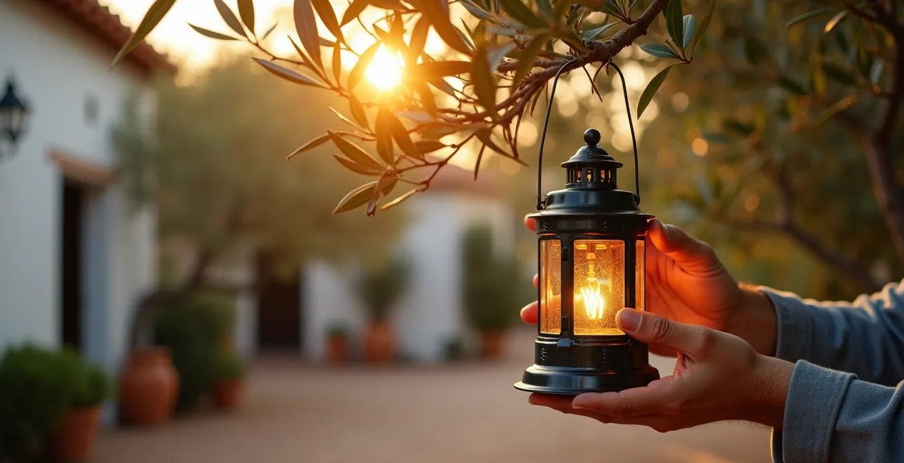 Farolillo solar colgado en olivo con luz filtrada