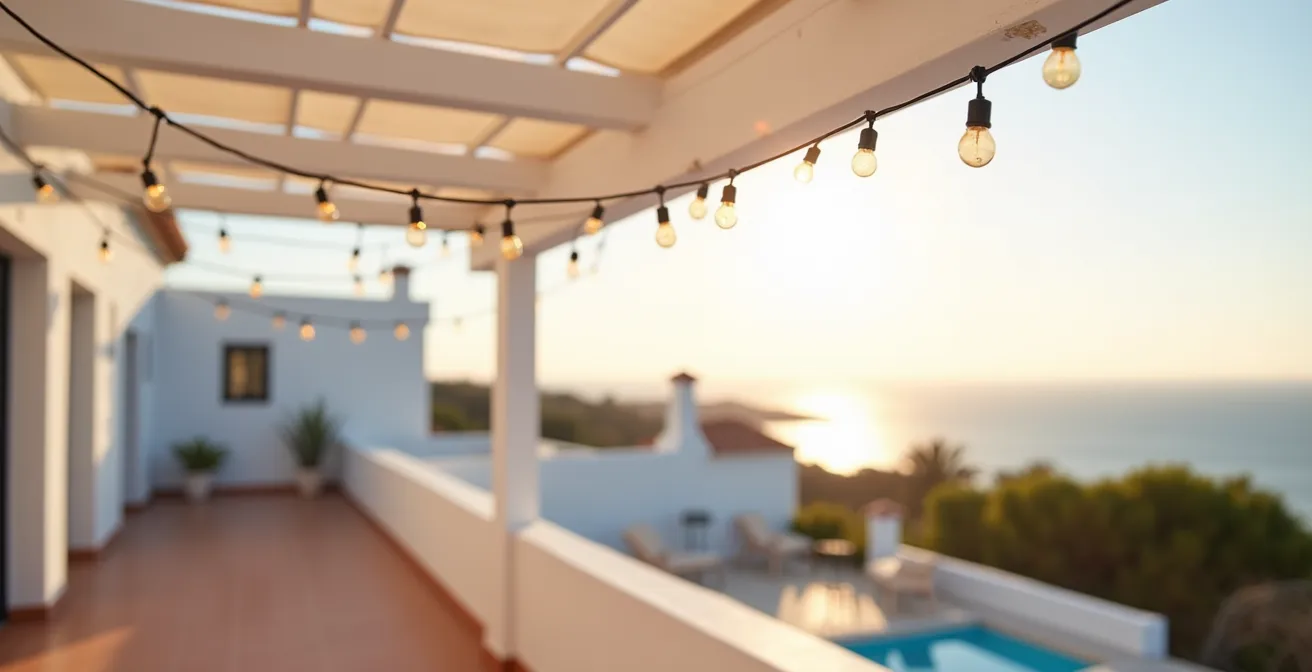 Guirnalda con bombillas de policarbonato en pérgola durante día ventoso