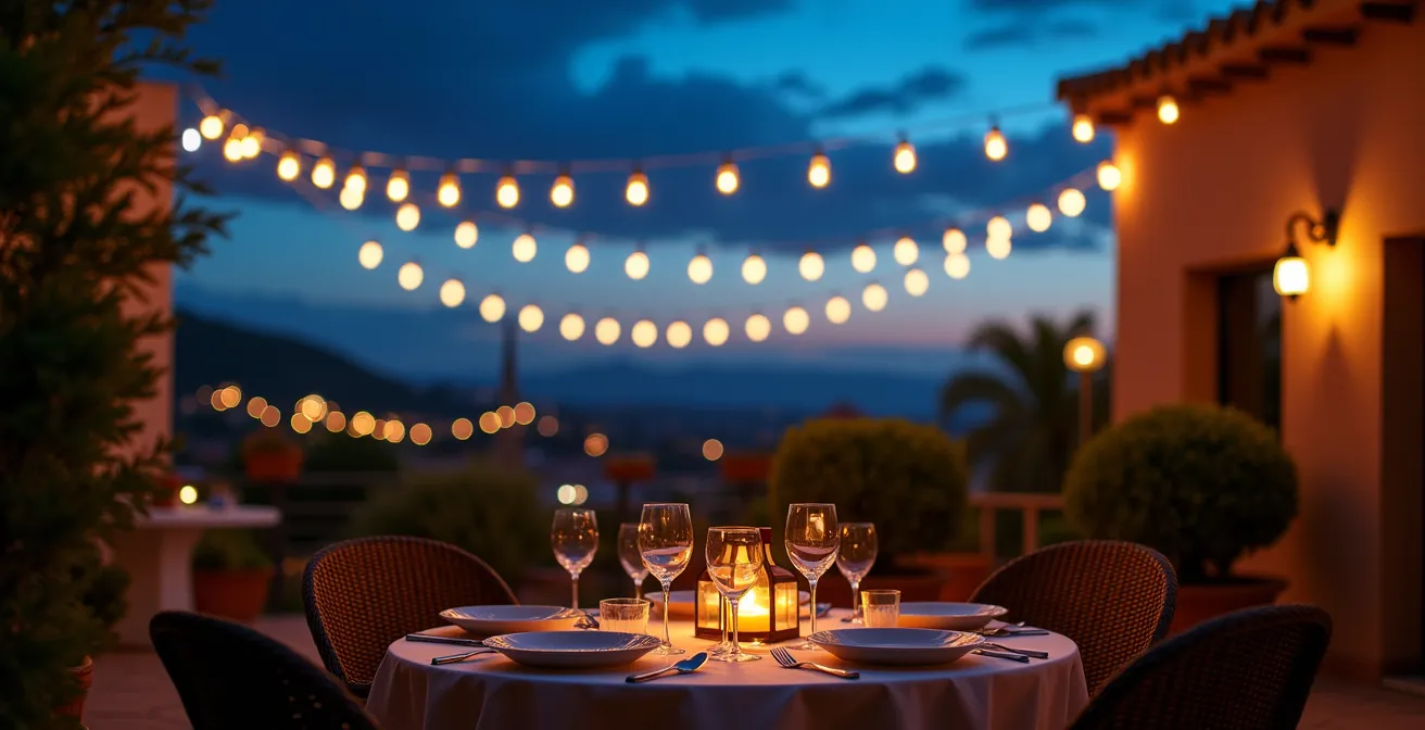 Terraza española al atardecer con guirnaldas creando ambiente acogedor sobre mesa de cena