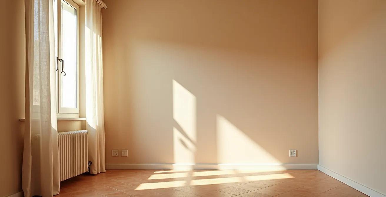 Habitación pequeña con paredes y techo pintados del mismo color beige suave con cortinas de lino
