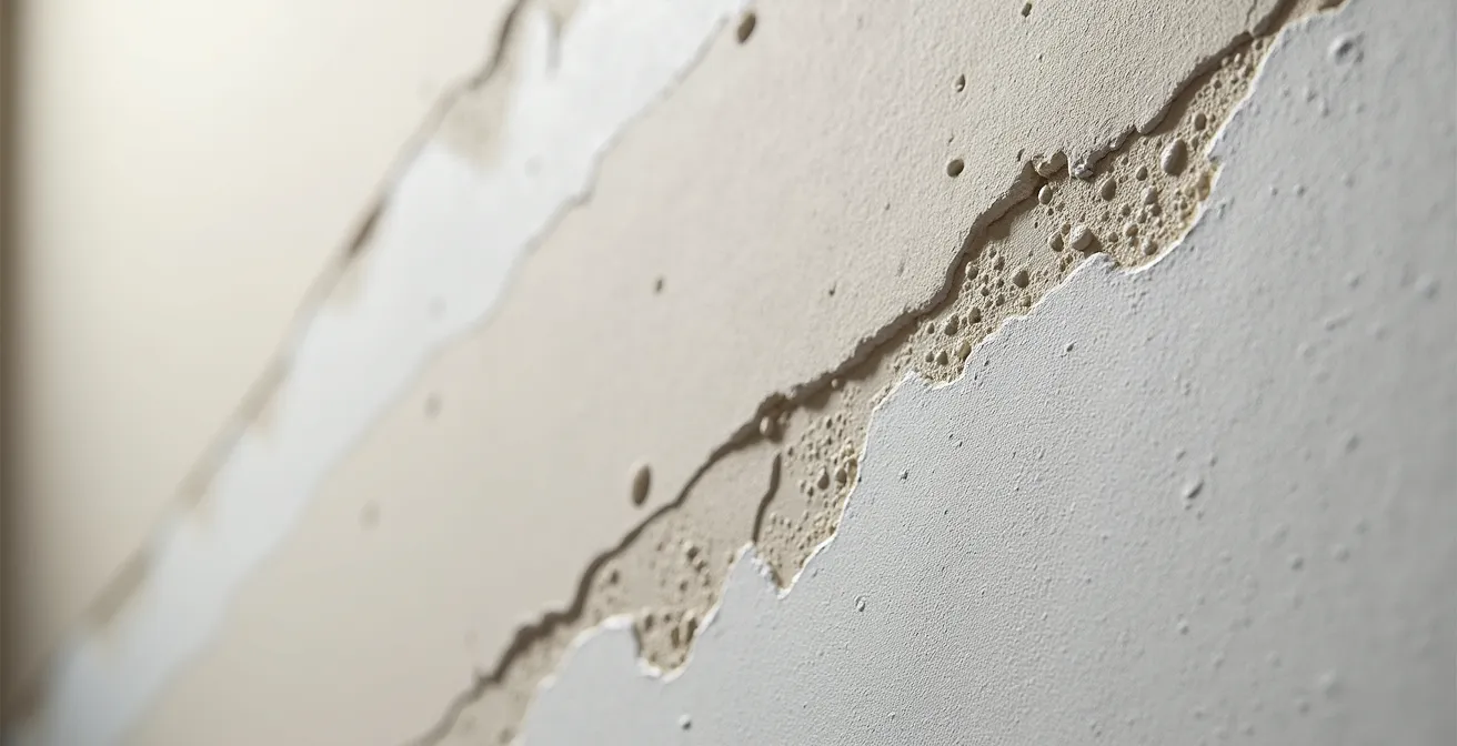 Detalle macro de pared con gotelé parcialmente imprimada mostrando la diferencia de absorción