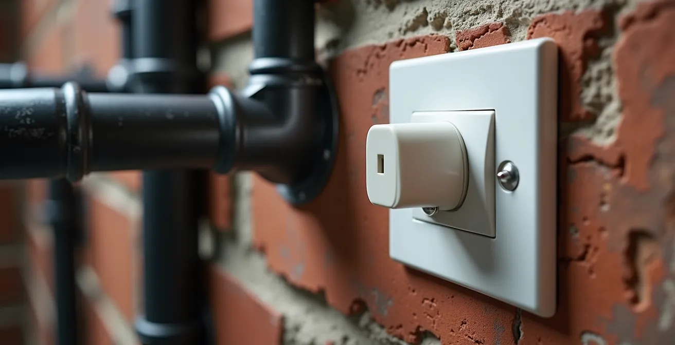 Instalación eléctrica con tubos de acero vistos en pared de ladrillo, mecanismos de porcelana y cableado normativo