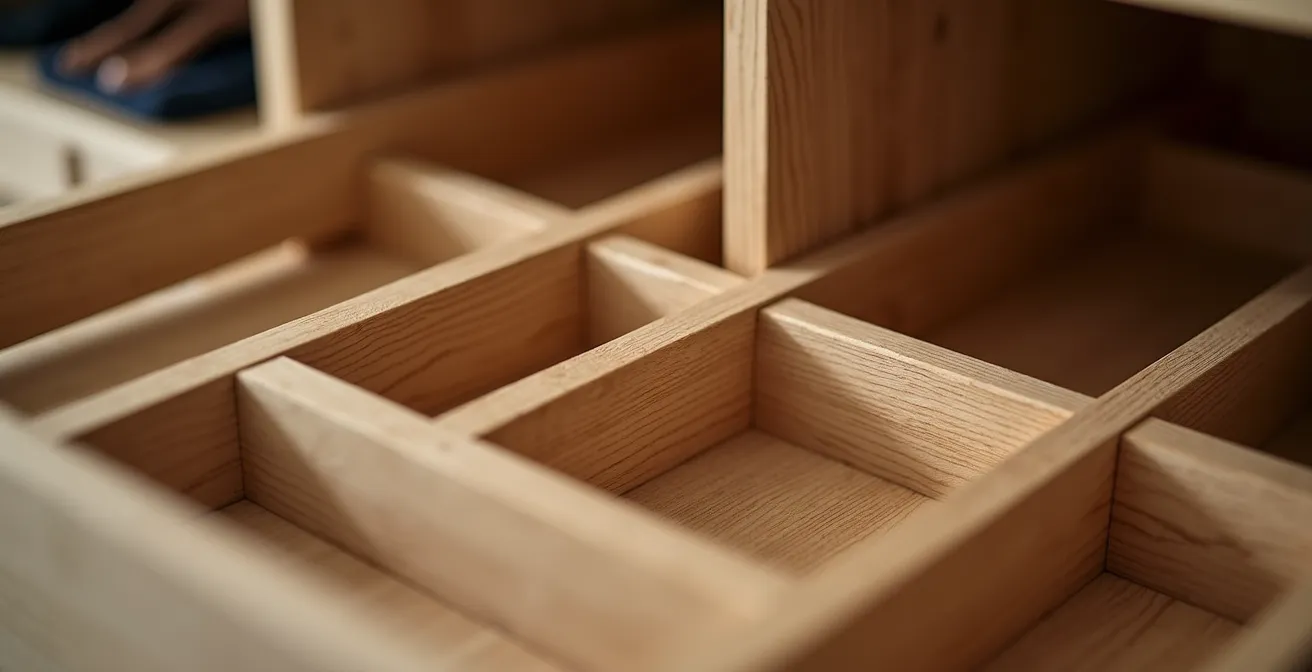 Vista detallada del interior de un armario a medida con compartimentos organizados