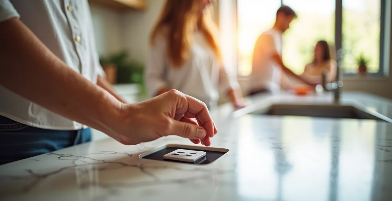 Isla de cocina moderna con sistema de enchufes retráctiles integrados en la encimera