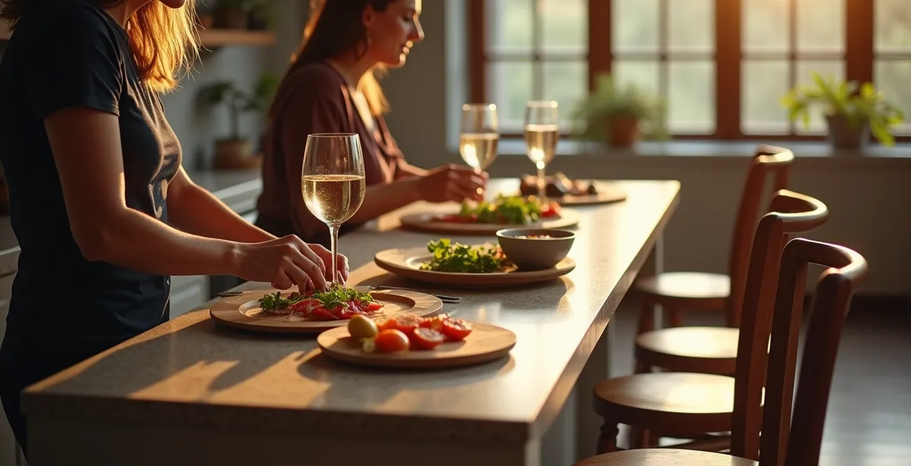 Isla de cocina con doble altura funcionando como mesa de comedor y zona de bar