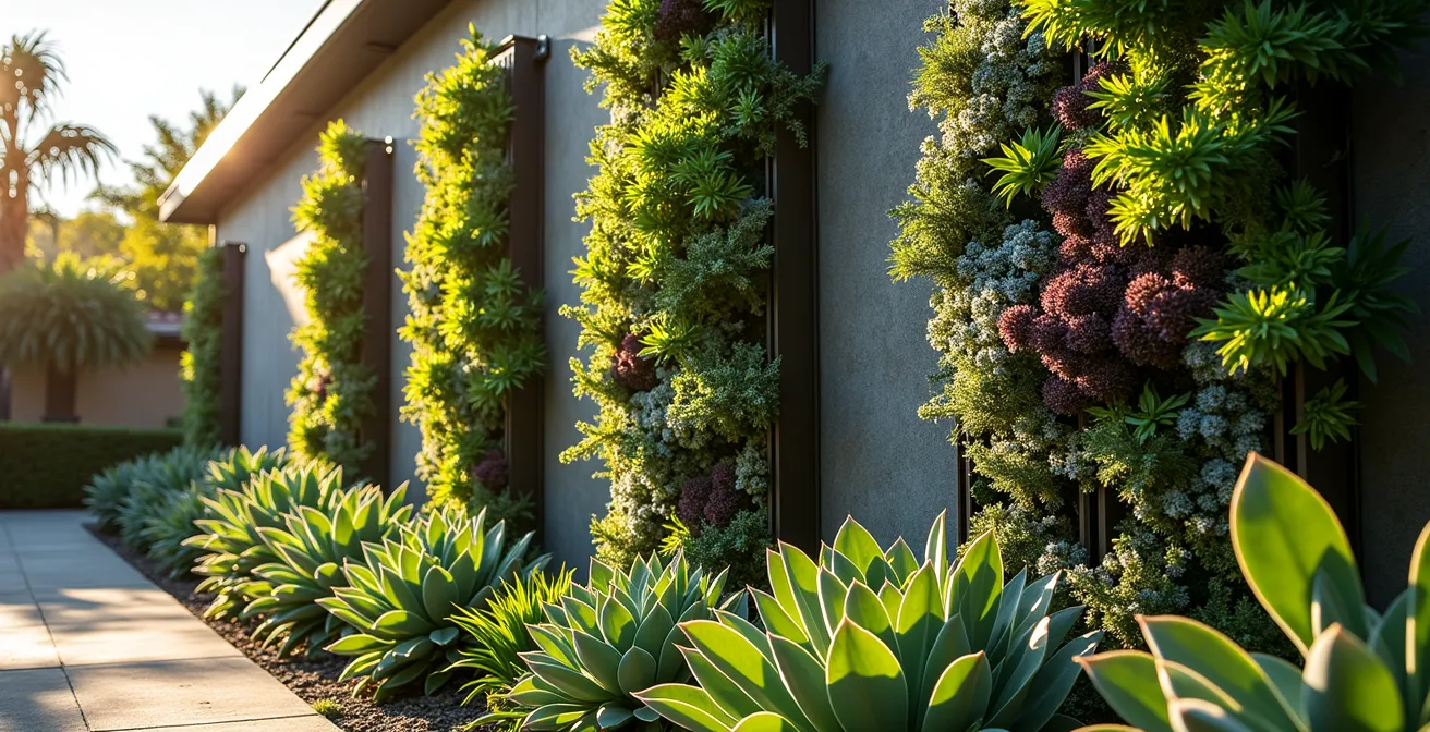 Sistema de jardín vertical modular con plantas suculentas en pared soleada mediterránea