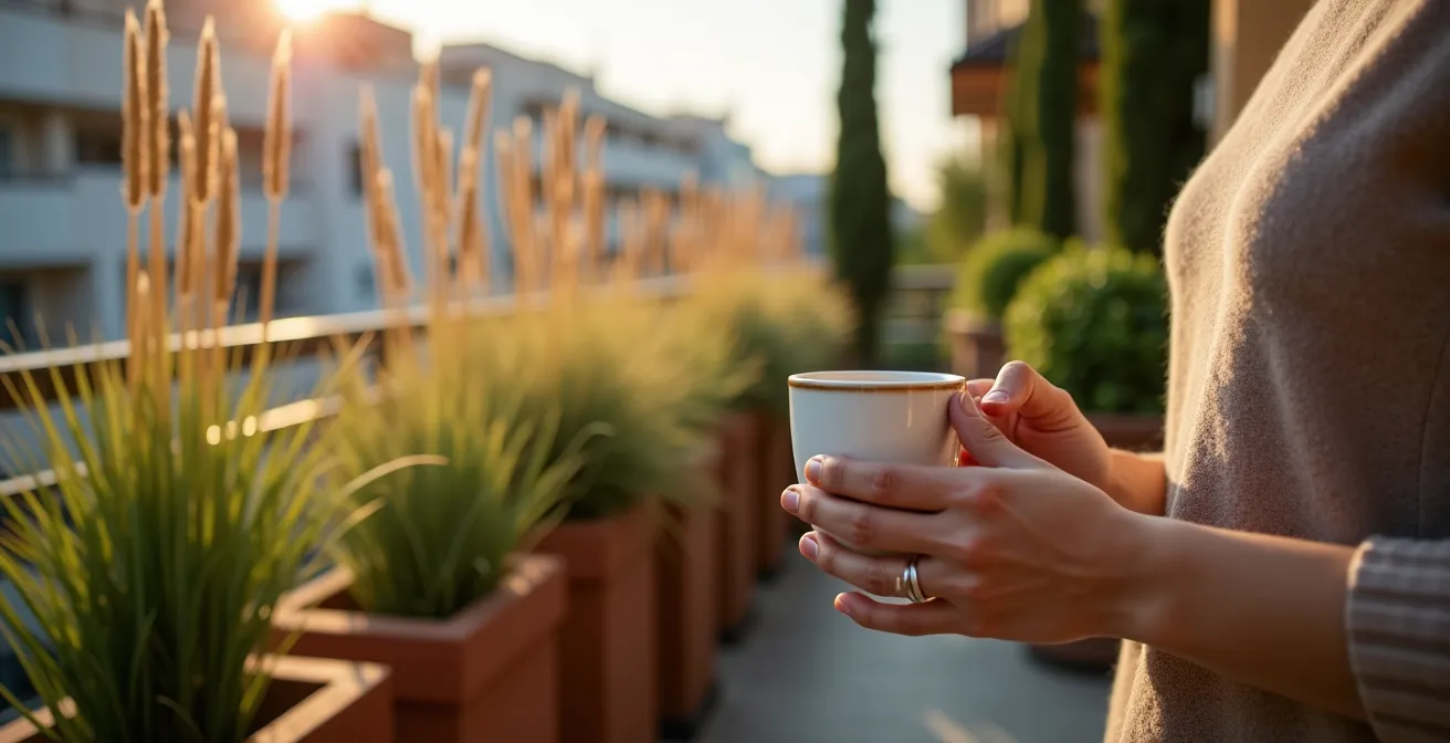 Jardineras estrechas en barandilla de balcón con plantas columnares y gramíneas ornamentales