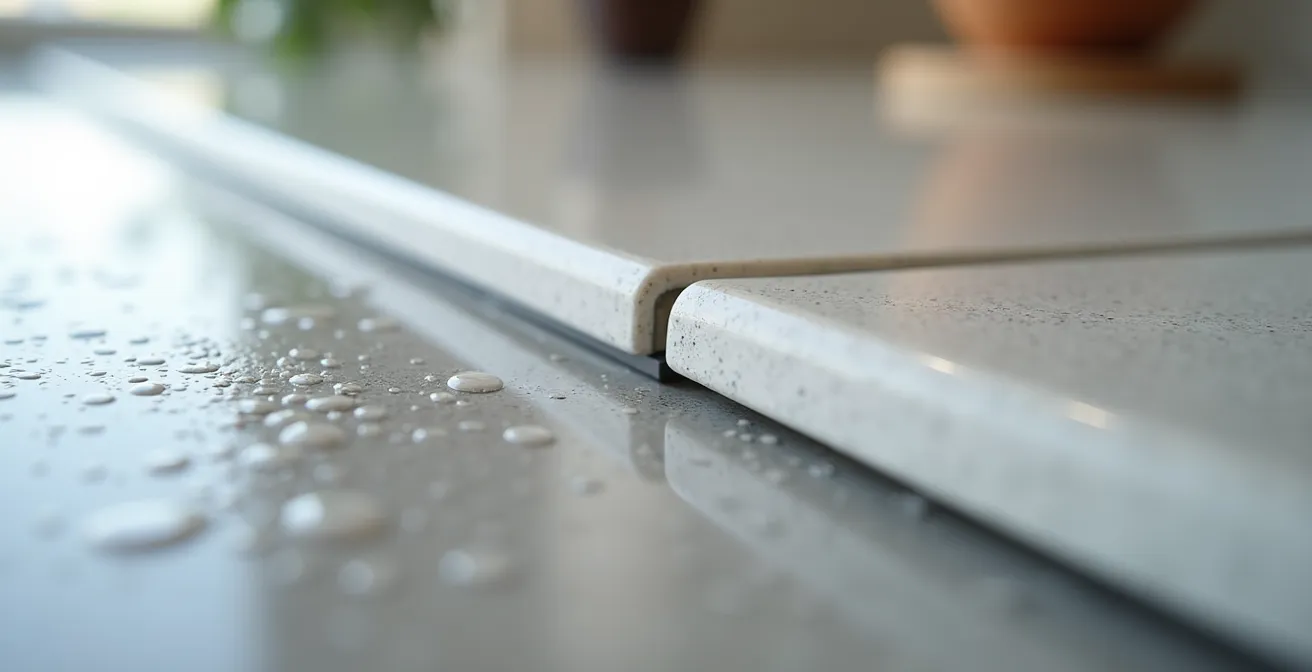 Detalle de juntas bien selladas en encimera de cocina mostrando puntos críticos