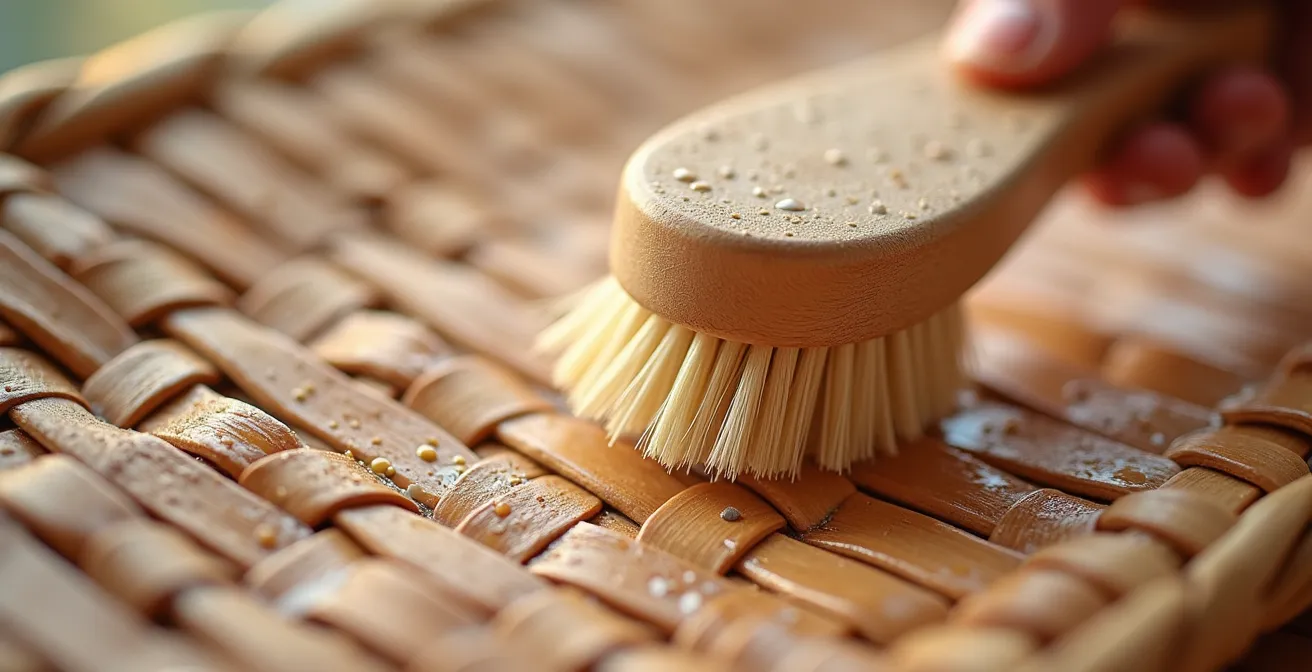 Detalle macro de fibras de ratán siendo limpiadas con cepillo suave