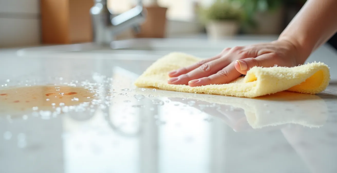 Proceso de limpieza de una mancha en encimera de cuarzo blanco