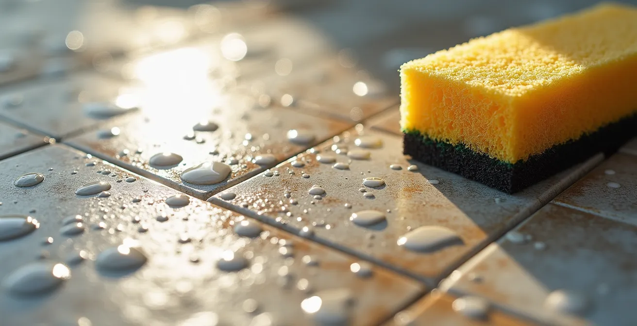 Detalle macro de limpieza del velo de cemento en azulejo porcelánico