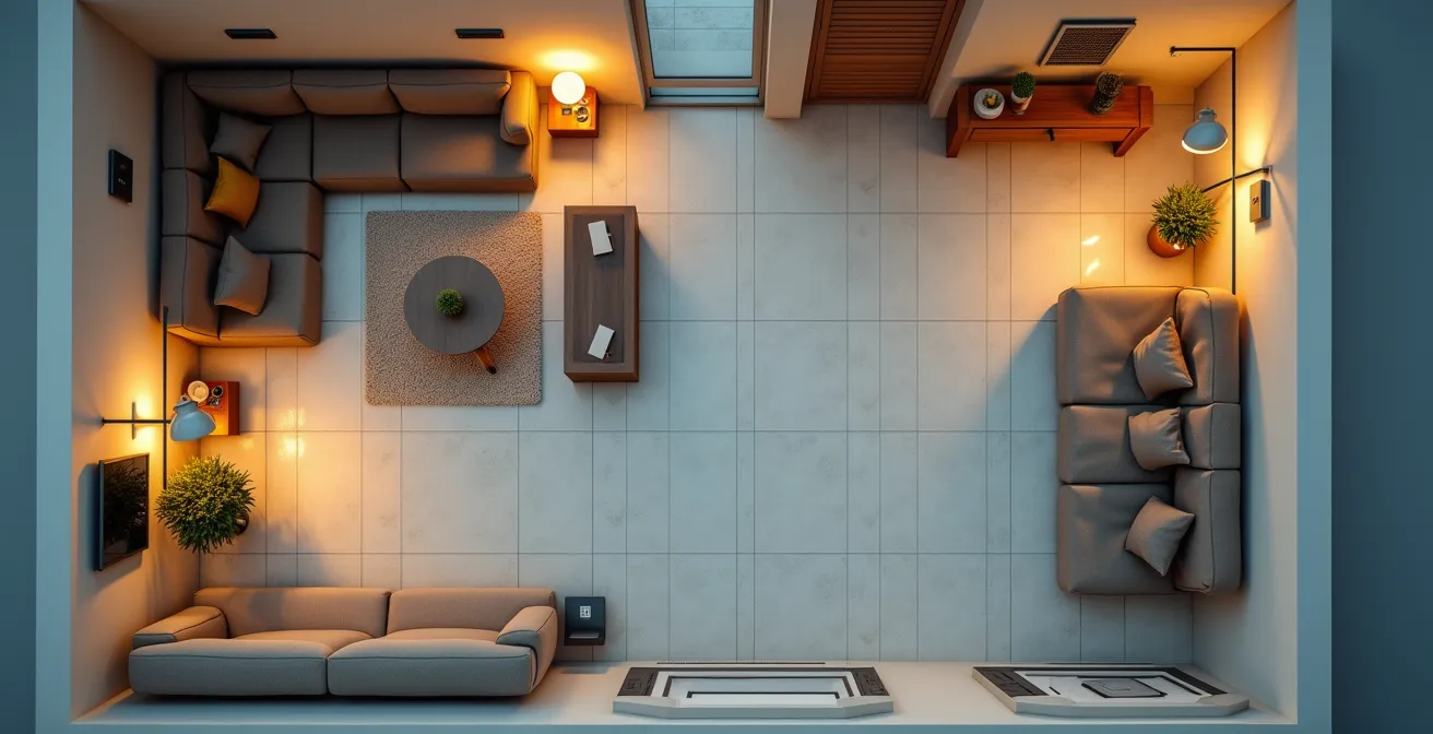 Vista cenital de un piso español mostrando los recorridos lógicos y la ubicación estratégica de interruptores