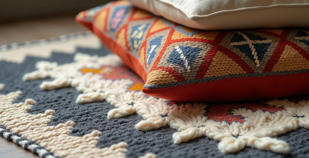 Composición armoniosa de cojines étnicos sobre alfombra bereber con patrones complementarios