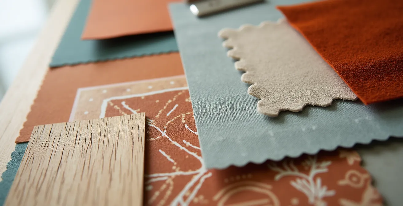 Moodboard físico con muestras de telas, pinturas y materiales españoles sobre mesa de trabajo