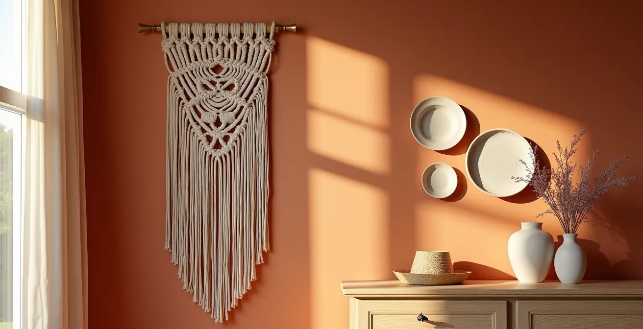 Pared con único tapiz vertical de macramé creando punto focal sin saturar