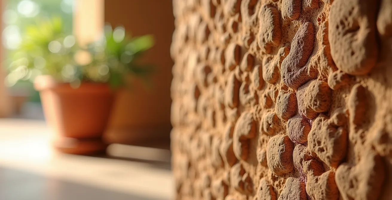 Pared interior revestida con paneles de corcho natural mostrando textura y calidez