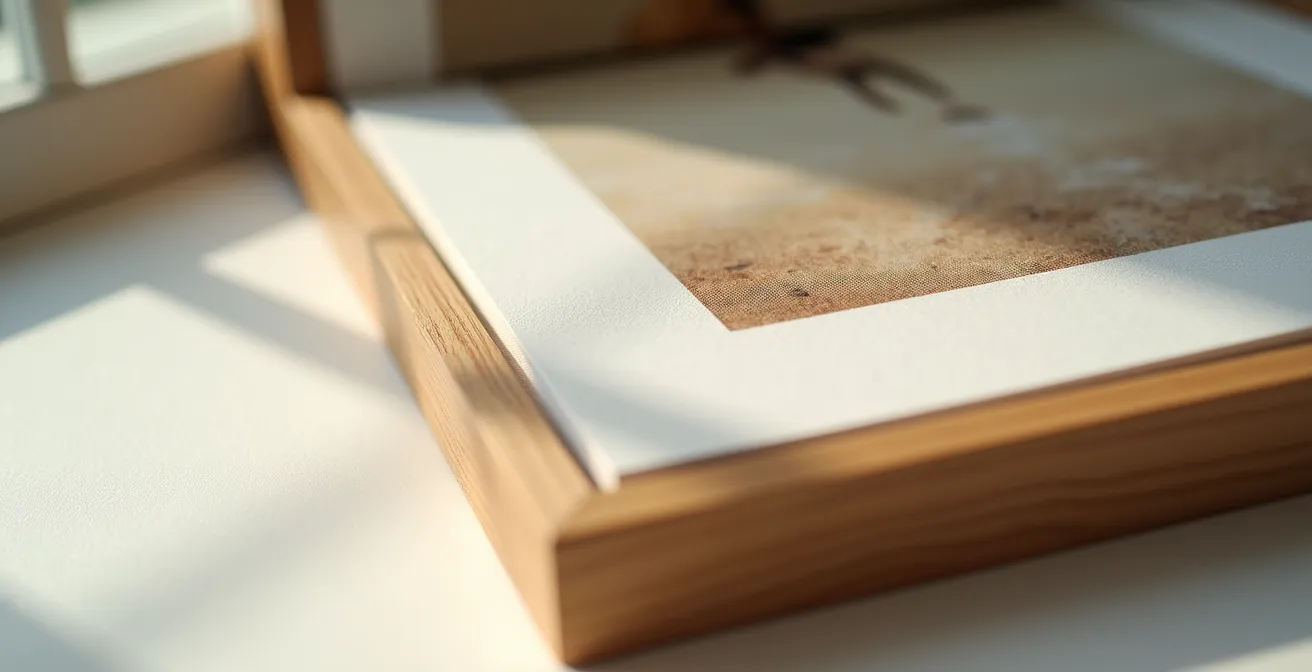 Detalle macro de paspartú blanco con textura de lino enmarcando obra artística