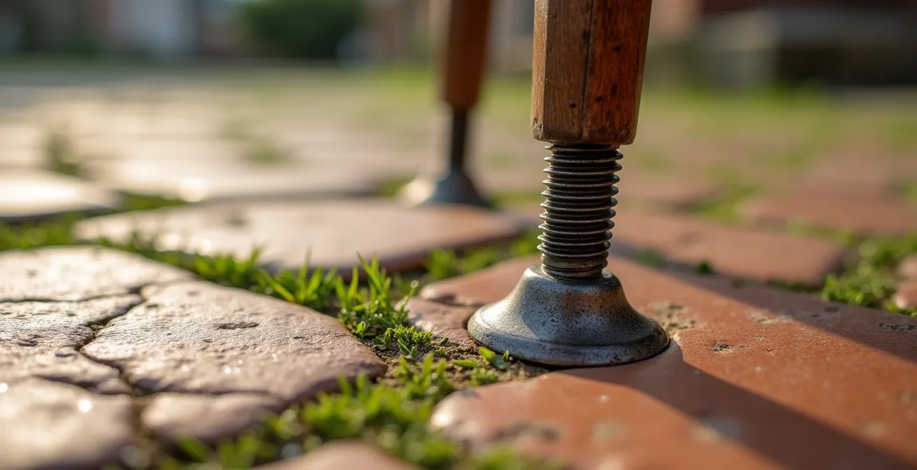 Detalle macro de pata regulable de mesa ajustándose a superficie irregular de adoquines