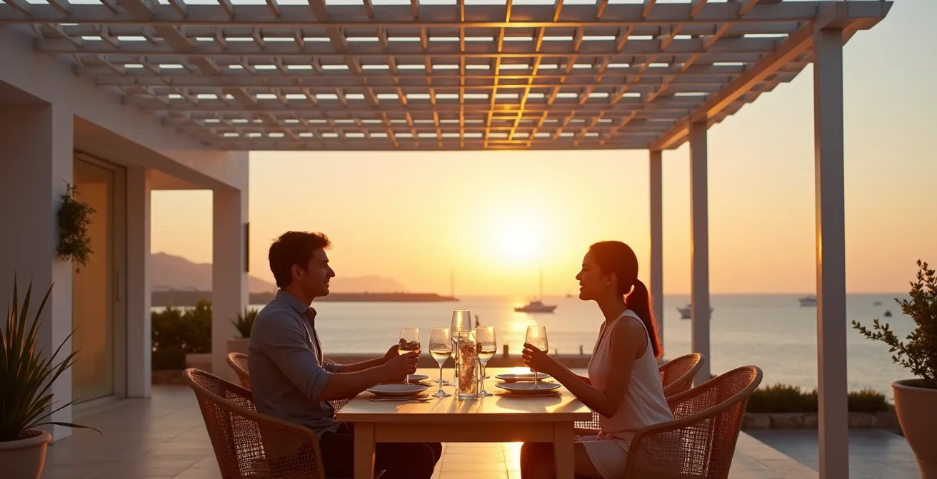 Pérgola bioclimática moderna en terraza con vistas al mar Mediterráneo