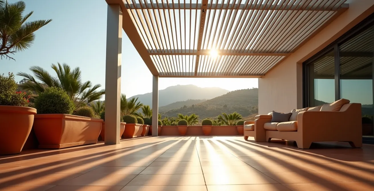 Pérgola bioclimática moderna instalada en terraza española con lamas orientables