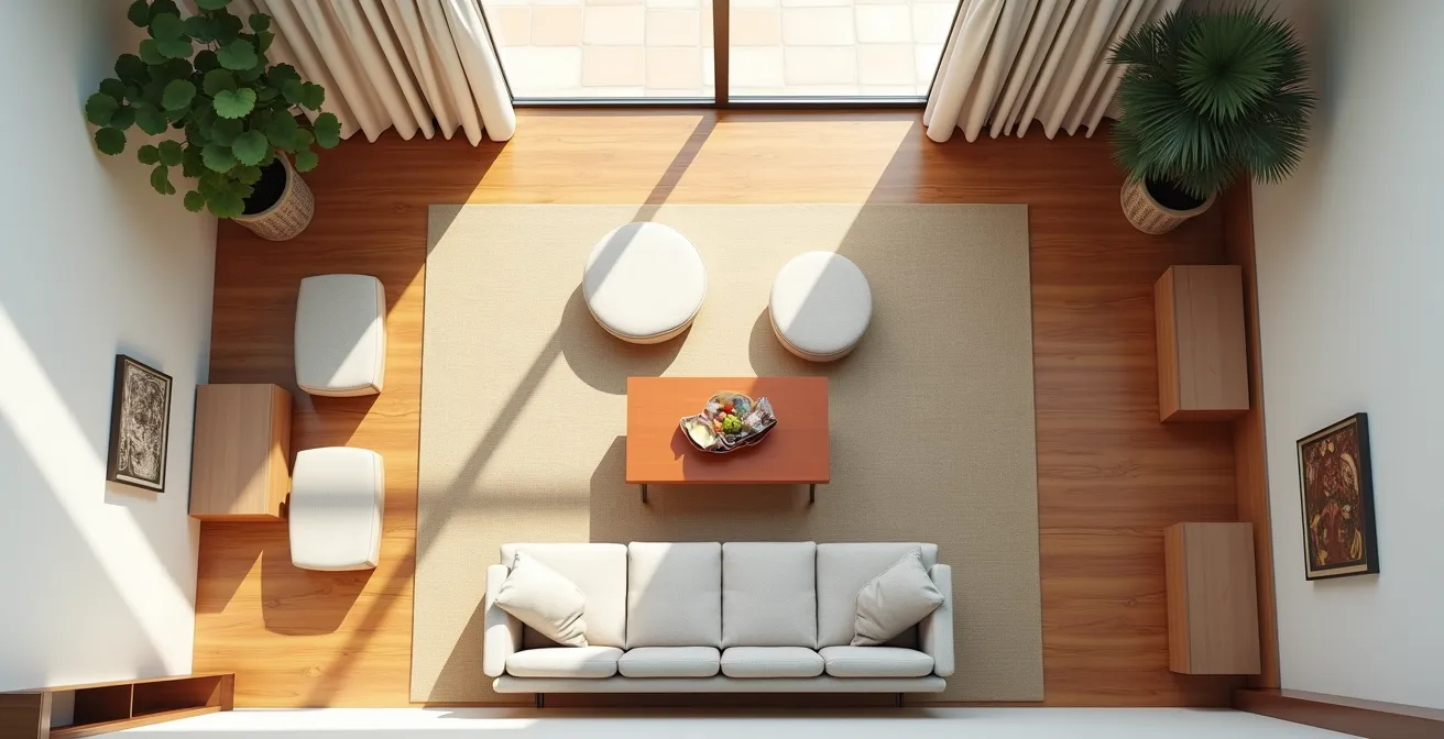 Vista cenital de salón mostrando el triángulo de actividad familiar con líneas de flujo y distancias de seguridad