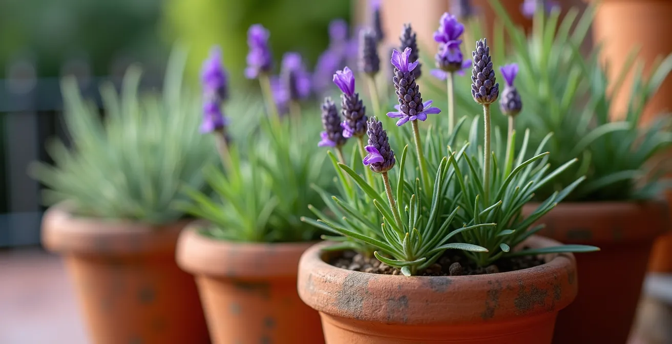 Detalle macro de lavanda, romero y citronela en macetas de barro en terraza española