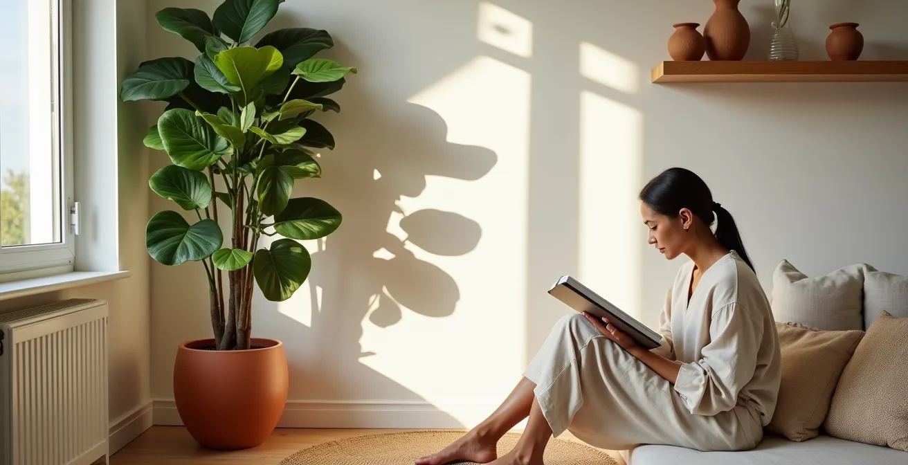 Rincón de salón nórdico con gran Ficus lyrata en maceta de terracota junto a sofá de lino claro, luz natural filtrada