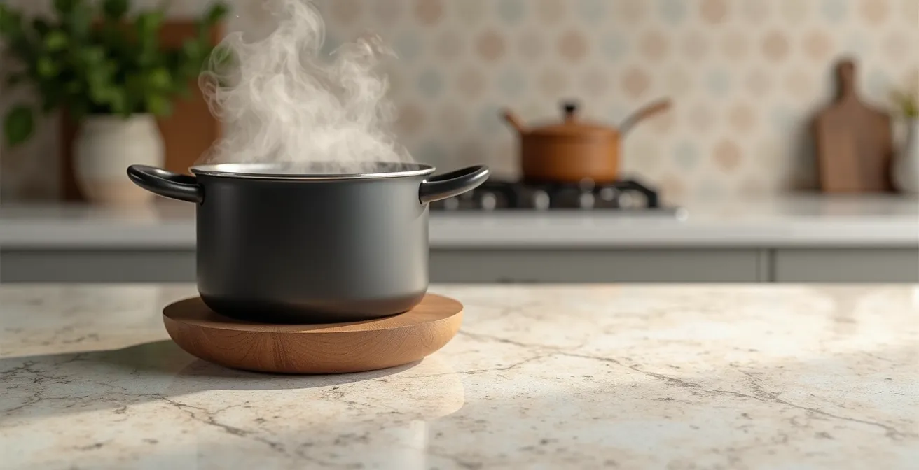 Encimera de cuarzo con salvamanteles elegantes y utensilios de cocina protegiendo la superficie